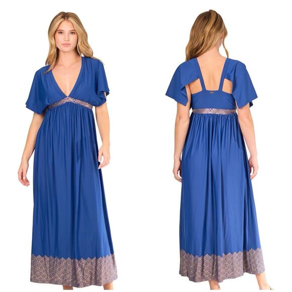 Cabana Life Blue Flutter Sleeve Maxi Dress Large Boho Resort Cover Up UPF 50+ - Picture 1 of 11